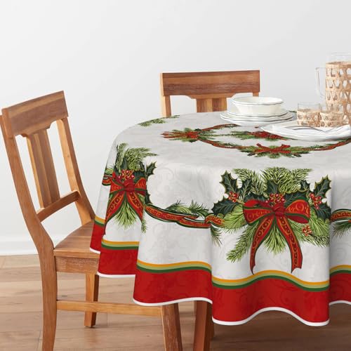 Christmas Tablecloth 90x90 Inch Round Poinsettia Gold Ribbon Red Variation