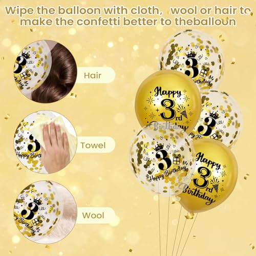 Gold 3rd Birthday Balloons - 18 Pcs with Confetti & Ribbon