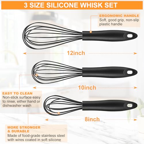 Cerpourt Silicone Whisk Set - Heat Resistant Non-Scratch Whisks (3 Sizes)