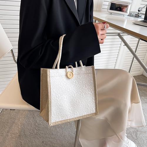 HSOOVZN 2-Piece Embroidered Jute Tote Bag Set - White Personalized Bento Bag