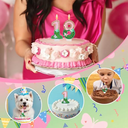 Ritzephyria Butterfly Number 5 Birthday Candle Pink & Green Glitter Cake Topper