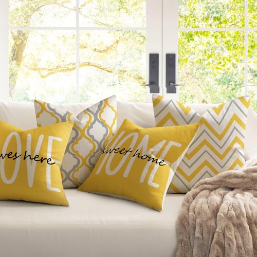YCOLL Yellow Farmhouse Pillow Covers 18x18 (Set of 4) - Rustic Linen Cushion Covers for Couch & Bedroom Decor