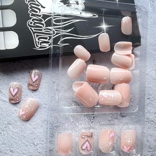 Valentine's Short Square Press on Nails - Pink French Tip Heart Glitter False Nails