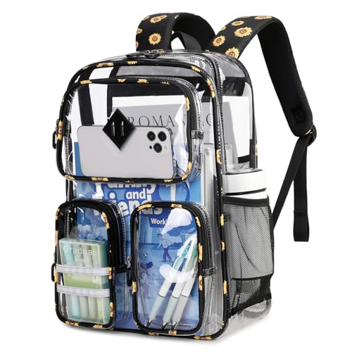 ASKSKY Heavy Duty Clear Backpack - Black Sunflower Transparent Bookbag