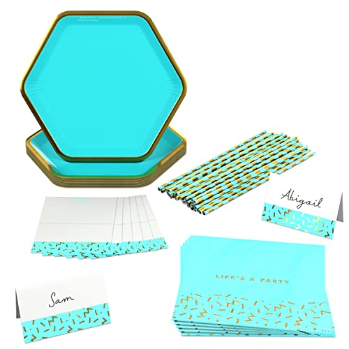Aquamarine Blue & Gold Party Supplies Set for 12 Guests
