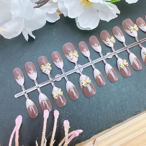 Short Almond French Tip Press On Nails with Gold Line & 3D Bow 30Pcs