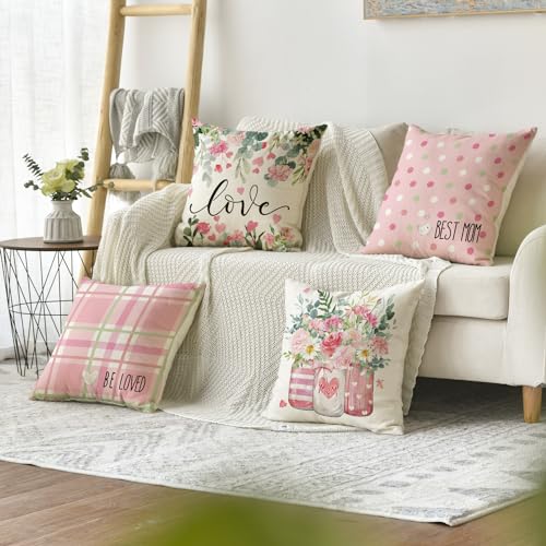 AVOIN colorlife Mother's Day Pink Throw Pillow Covers - Set of 4, 18x18 Inch Floral Cushion Cases for Sofa