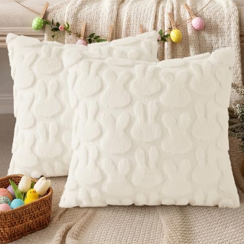 Cream White Faux Fur Bunny Throw Pillow Covers - Set of 2, 18x18