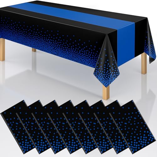 Disposable Plastic Tablecloths 54x108 Black Blue Dots 8 Pack - Party Table Cover