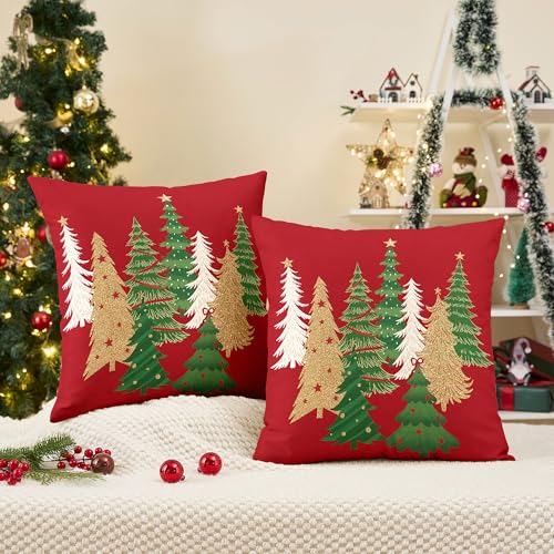 Christmas Pillow Covers 18x18 Inch Set of 2 - Festive Red & Green Holiday Decor