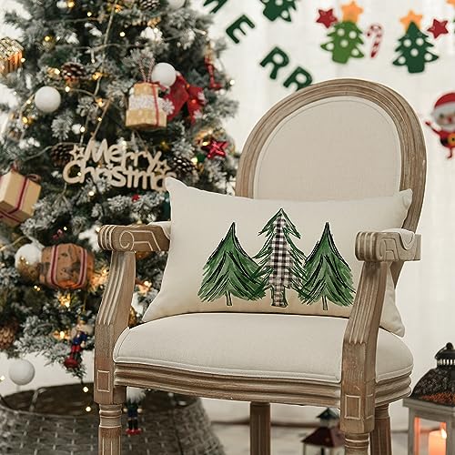 Watercolor Christmas Tree Throw Pillow Cover - 12x20 Inch Buffalo Plaid