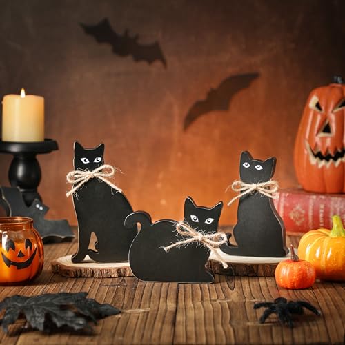 3-Piece Black Cat Wooden Halloween Decor Set - Rustic Tabletop Sign