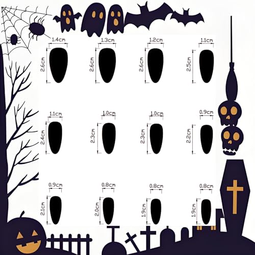 GCSQW Medium Almond Halloween Press on Nails Black Matte Skeleton Fake Nails