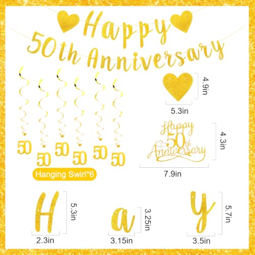 50th Wedding Anniversary Decoration Set - Glitter Gold Banner & Cake Topper