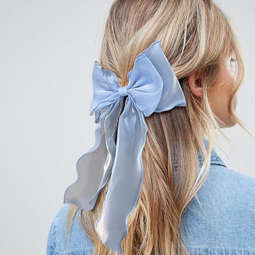 AEGYPIUS Large Light Blue Hair Bow with Long Tail Satin Ribbon Clip