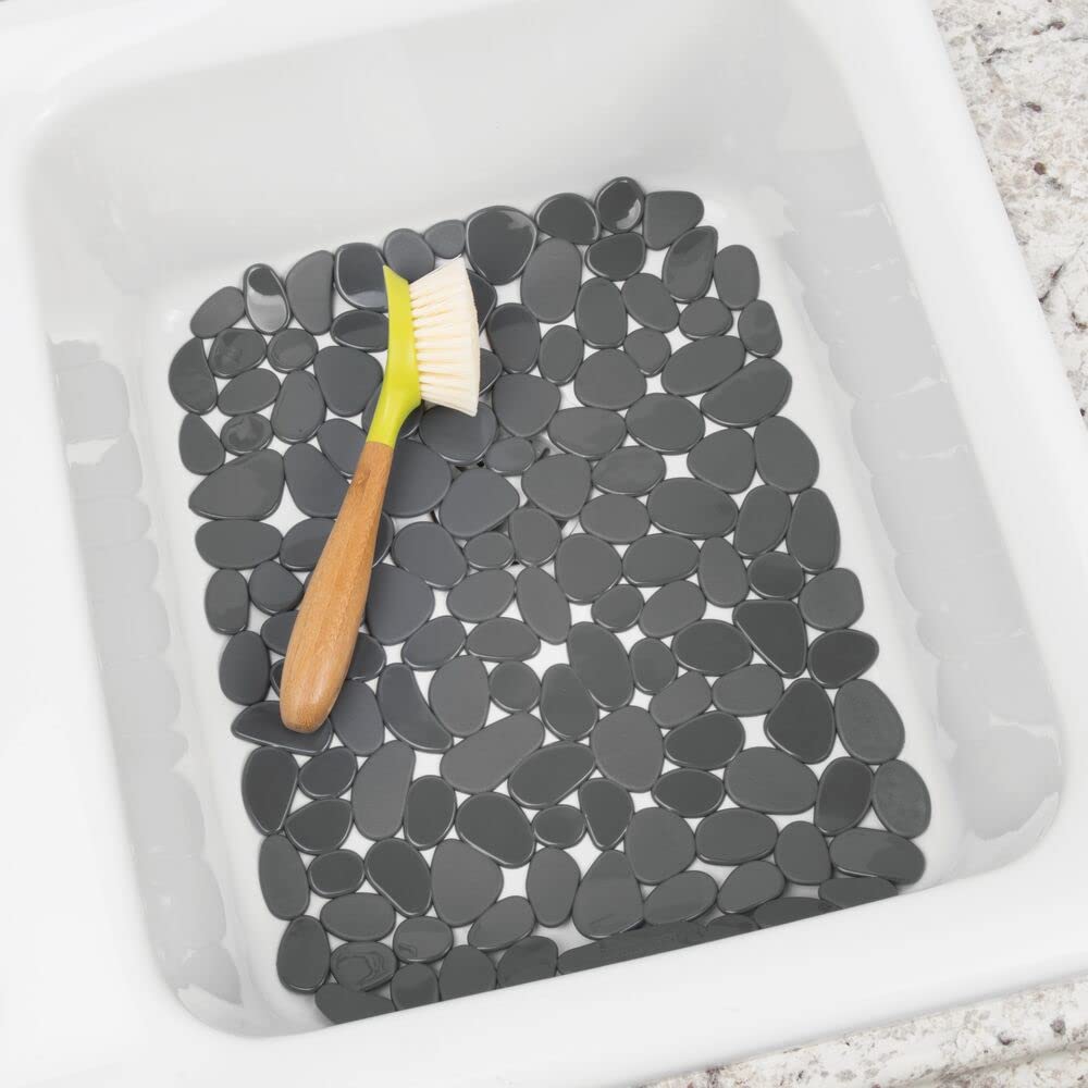 mDesign Adjustable Kitchen Sink Dish Drying Mat/Grid - Soft Plastic Sink Protector, Cushions Sinks, Dishes - Quick Draining Pebble Design - Includes 1 Saddle, 2 Large Mats - Set of 3 - Charcoal Gray