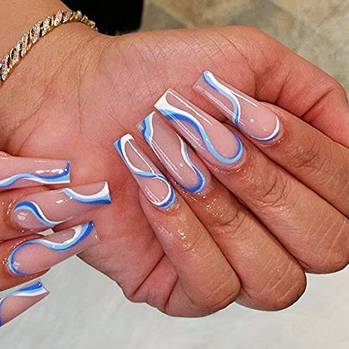 Extra Long Coffin Press on Nails Blue Abstract Swirl False Nails 24Pcs