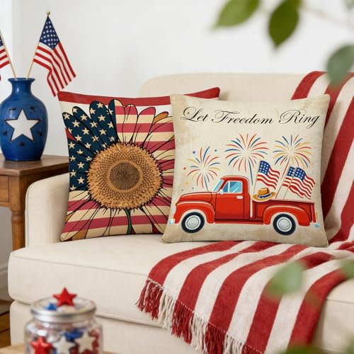 4th of July Patriotic Pillow Covers - 18x18 Inch Set of 4