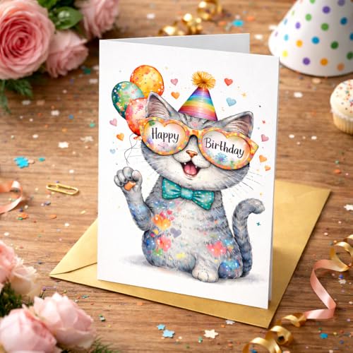 Rainbow Cat Birthday Card - Kawaii Greeting Card for Cat Lovers