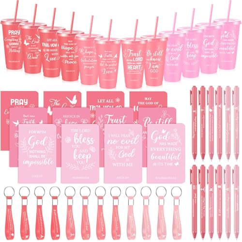 Christian Holiday Gift Set with Bible Verse Cups, Notebooks, Pens & Keychains - Gradient Pink, 12 Pieces