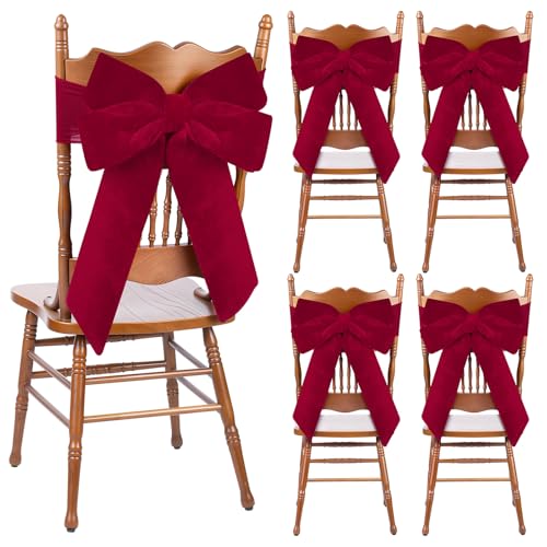 Christmas Velvet Chair Sashes - Red Bow Set of 8 - 15.7x23.6 Inches with Elastic Bands - Holiday Party Decor