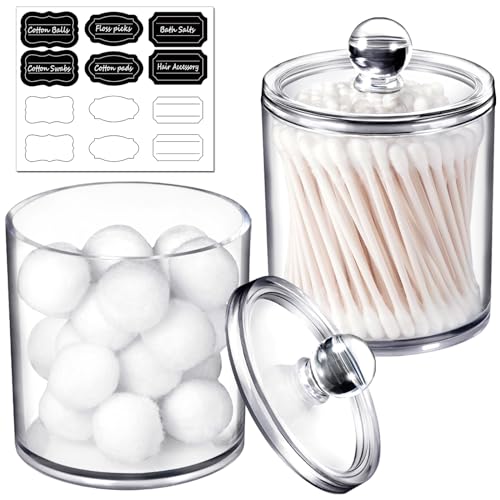 SheeChung Acrylic Qtip Holder Set with Labels - 2 Pack Shatterproof Canisters for Cotton Swabs & Balls