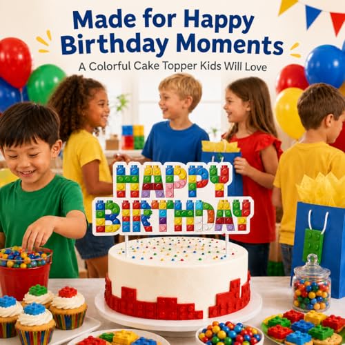 Building Block Happy Birthday Cake Topper - Colorful Brick Party Decor