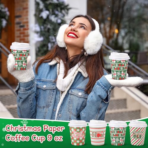 100 Sets Christmas Coffee Cups with Lids & Sleeves - 9 oz Cute Holiday Design