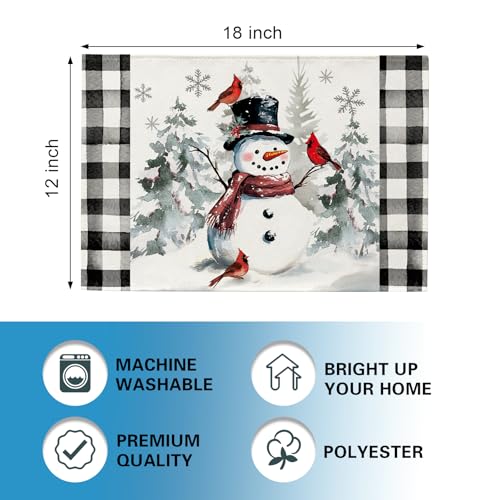 Winter Snowman Placemats Set of 4 - Snowy Pine Tree Cardinal Birds, 12x18 Inches