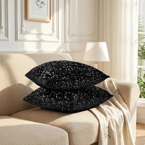 SquarePie Black Sequin Velvet Throw Pillow Cover, 18x18 Inch Decorative Case