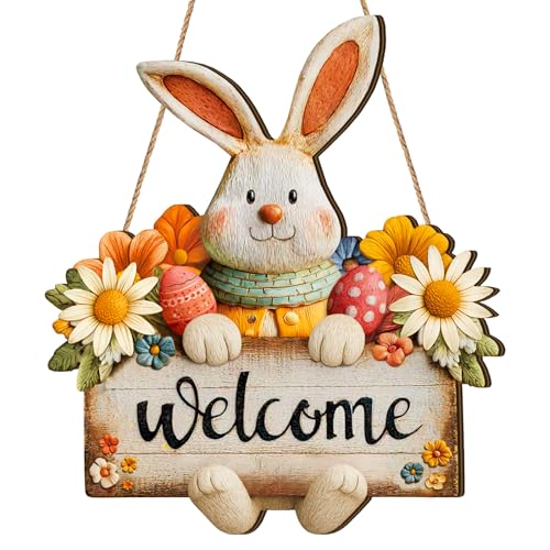 Rustic Easter Welcome Wreath Sign - 13" Wooden Door Decor