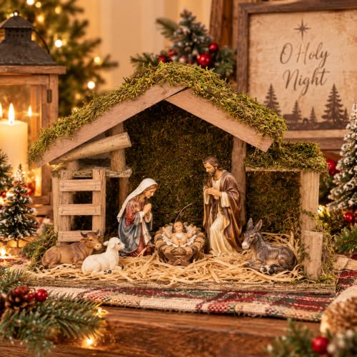 Wooden Nativity Stable Manger Scene with Raffia - Christmas Decor