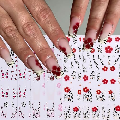 Leopard Print Nail Art Stickers 3D Self-Adhesive French Lines & Hibiscus Flowers