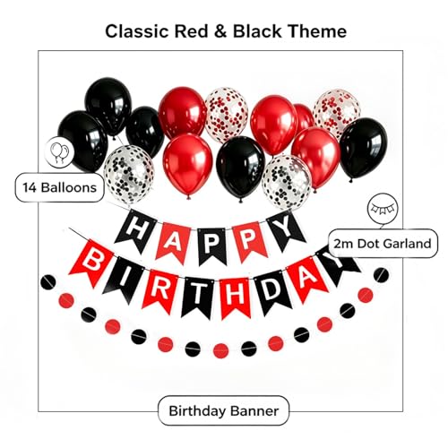 Black and Red Birthday Decorations Set - Banner, Balloons & Garland