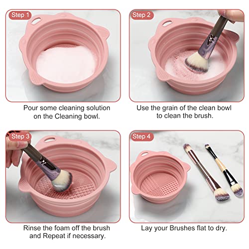 Foldable Silicone Makeup Brush Cleaner Bowl - Pink Travel Scrubber