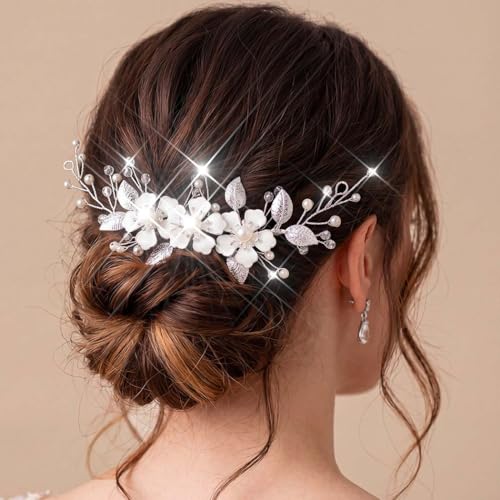 Catery Silver Wedding Hair Vine with Pearls and Crystals for Brides