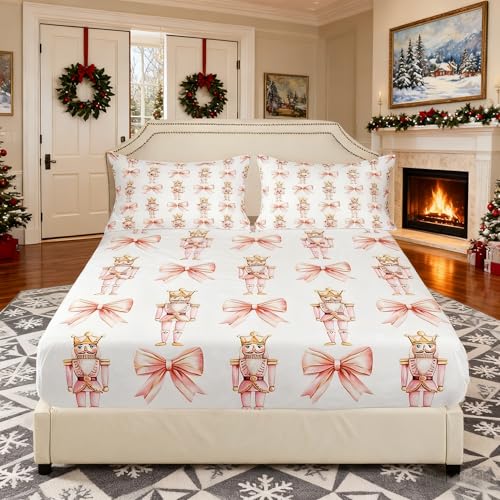 Pink Bowknot Fitted Sheet Twin Size - Cartoon Nutcracker Kids Bedding Set with Pillowcase - Golden Pink Variation