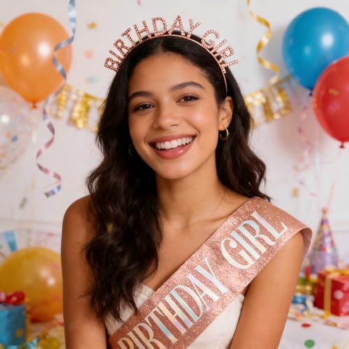CIEHER Birthday Girl Tiara Headband and Rose Gold Glitter Sash Set