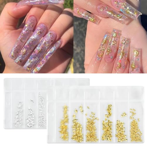 ABEJFIC 400Pcs 3D Gold and Silver Star Nail Charms Metallic Studs
