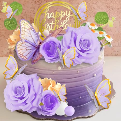 Purple Flower Butterfly Cake Toppers for Birthday & Wedding