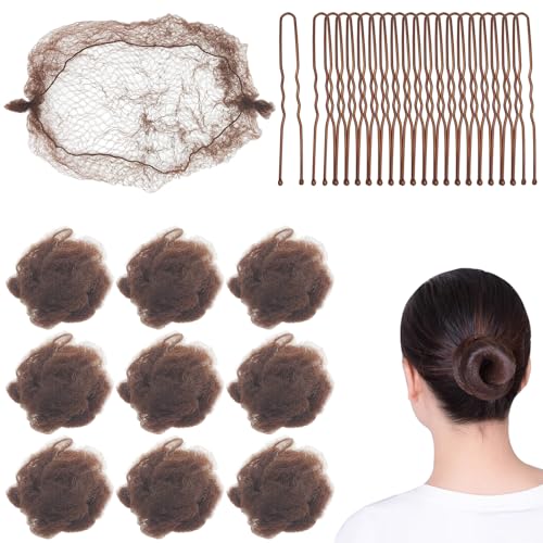 Brown Hair Nets and U-Shaped Pins Set for Hair Buns 10 Pcs