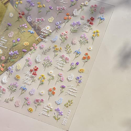 Qdsuh 5D Embossed Floral Nail Stickers - Summer Wildflower Daisy Decals