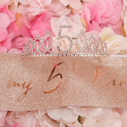 AOPRIE Rose Gold 5th Birthday Tiara and Sash Set for Women and Girls