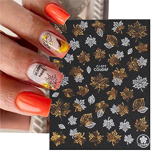 KRTBKR 9 Sheets Fall Metallic Nail Art Stickers 3D Self-Adhesive Maple Leaf