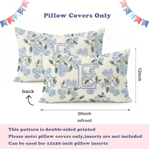 Personalized Blue Hydrangea Monogram Letter E Lumbar Pillow Cover 12x20
