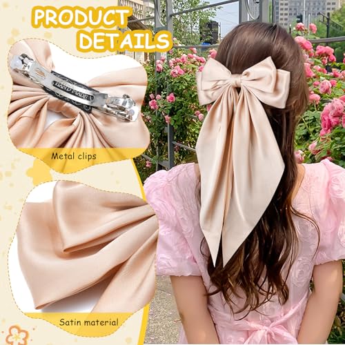 AWAYTR 4 Pcs Big Hair Bows for Women, Silky Satin Long Tail Barrette Clips