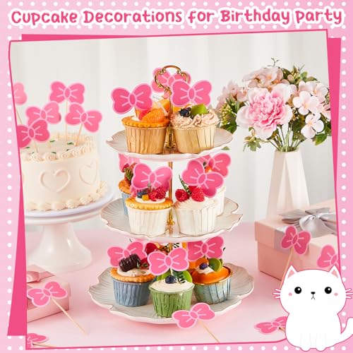 24 Pcs Pink Cat Cupcake Toppers with Bows for Birthday Party Decor