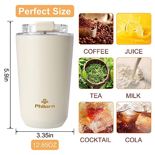 Philorn 12oz White Travel Coffee Mug - Insulated Leakproof Stainless Steel Cup