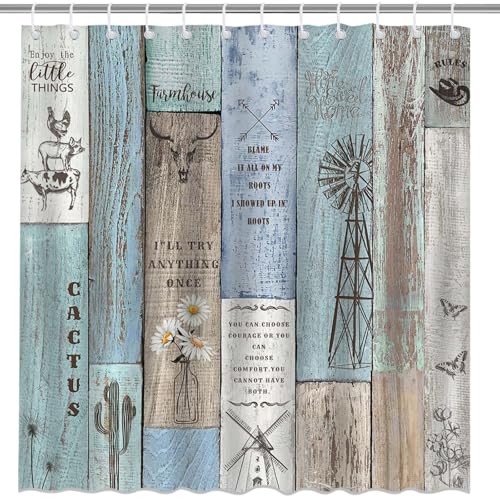 Farmhouse Rustic Shower Curtain - Vintage Wooden Planks, 72x72in, Waterproof with 12 Hooks