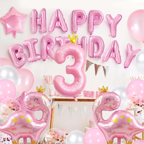 Pink Dinosaur Balloons Kit with 40-Inch Number 3 for Birthday